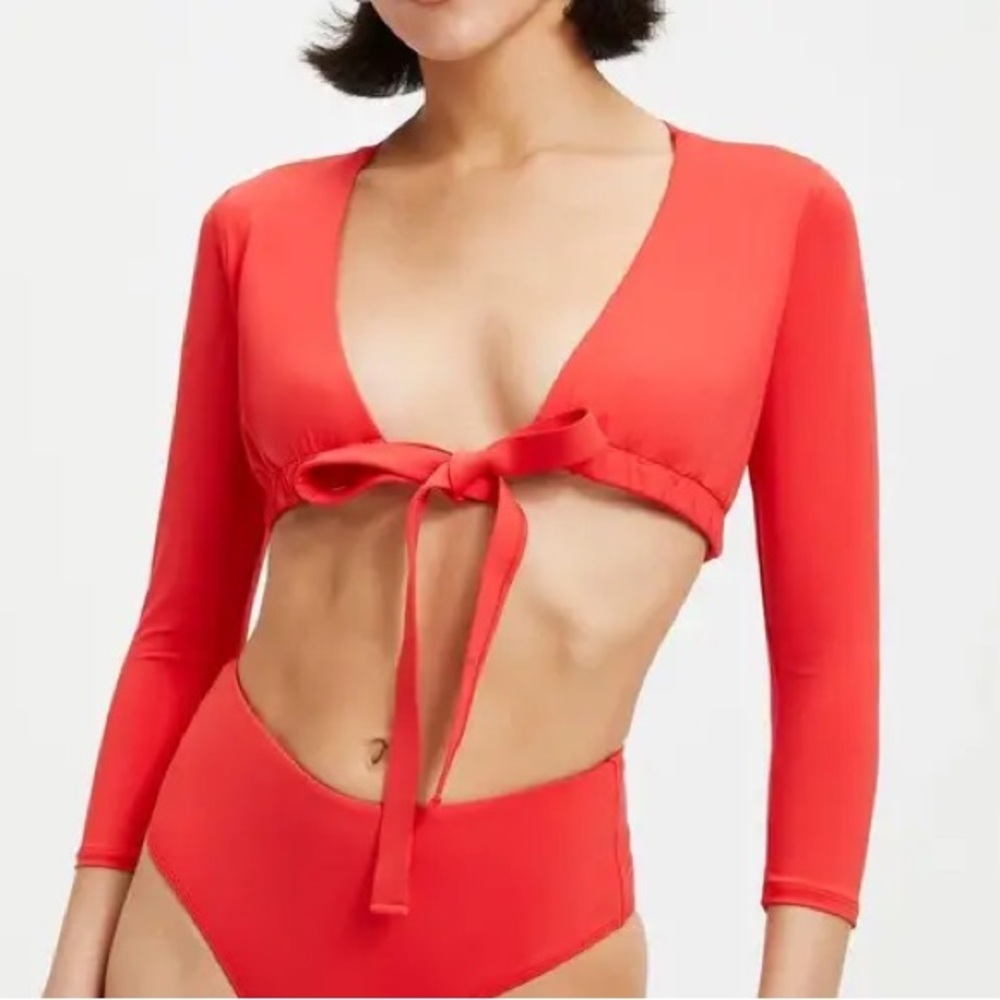 Good American Red Swim Top with Long Sleeves and Tie-Front